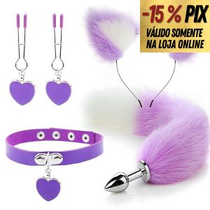 KIT PLUG CAUDA 4 PEÇAS -  TIARA + PLUG COM CAUDA + GARGANTILHA + GRAMPO PARA MAMILO