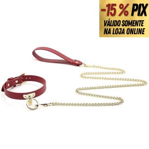 COLEIRA COM GUIA EM COURO SINTÉTICO VERMELHO