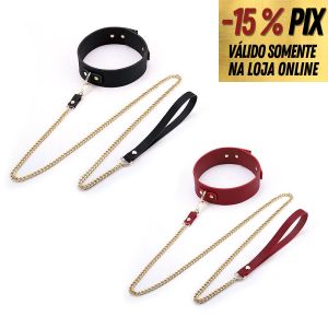 COLEIRA EM COURO SINTÉTICO COM GUIA 