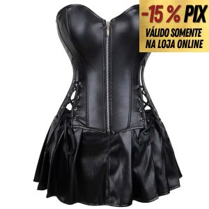 CONJUNTO CORSELET E MINI SAIA EM COURO SINTÉTICO