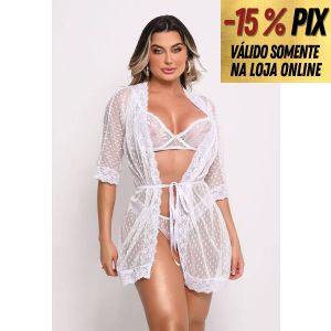 CONJUNTO EM RENDA COM 3 PE&Ccedil;AS: SUTI&Atilde;, CALCINHA E ROBE