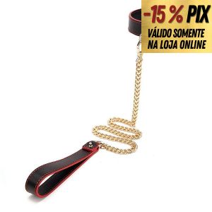 COLEIRA EM COURO SINTÉTICO COM GUIA DOURADA