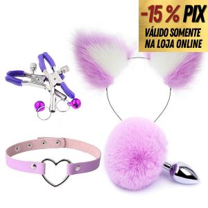 KIT COM 4 ITENS: PLUG COM POMPOM + TIARA ORELINHA + GRAMPO PARA MAMILOS + GARGANTILHA