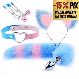 KIT AZUL E ROSA COM 4 ITENS: PLUG COM CAUDA + TIARA ORELINHA + GRAMPO PARA MAMILOS + GARGANTILHA