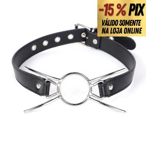 MORDAÇA EM COURO SINTÉTICO E ANEL EM AÇO