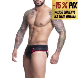    CUECA EM CIRRE PRETO E VERM TRABALHADO FRENTE SLIP E ATRAS JOCK - SD